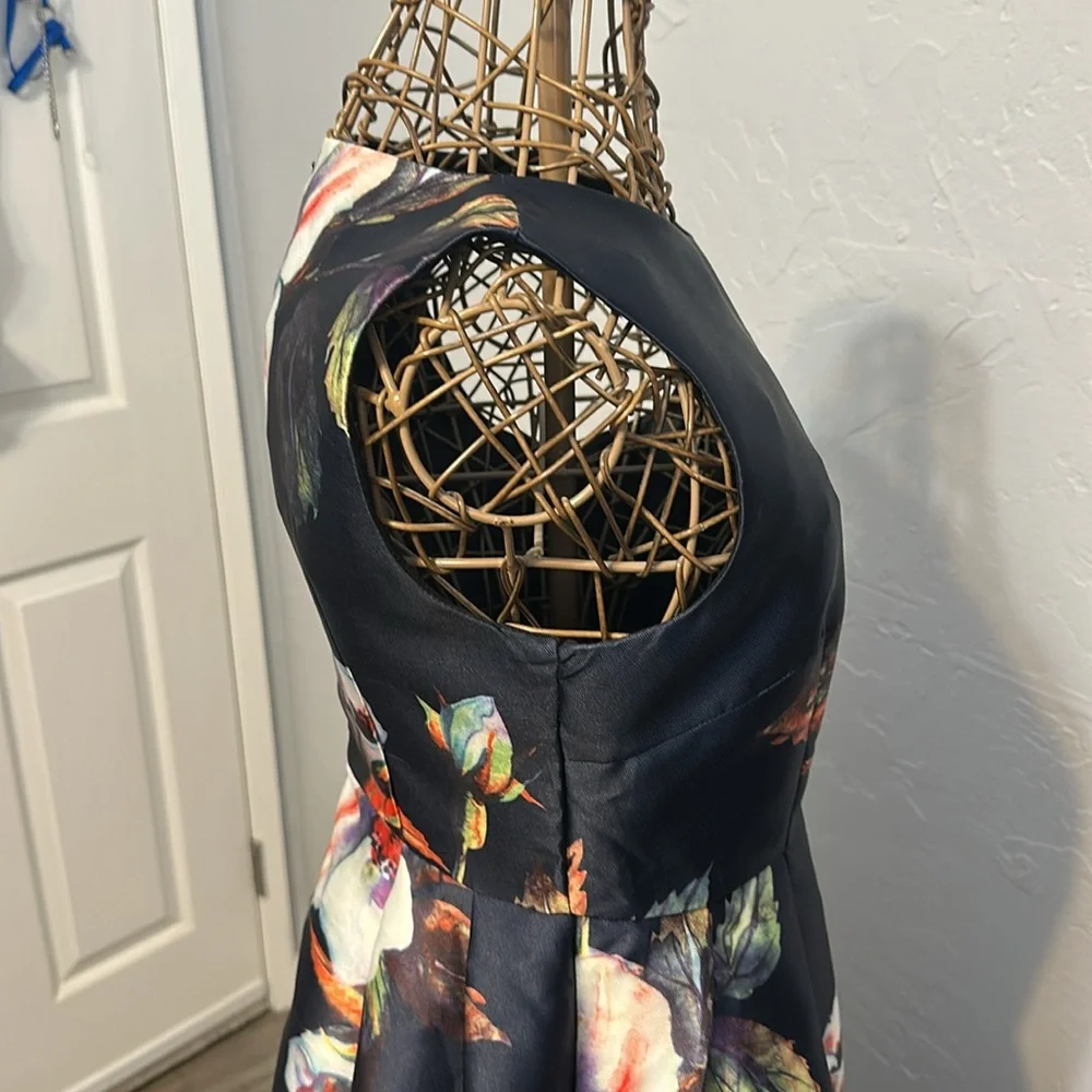 Beulah Style Floral on Navy, fit/flare occasion midi dress. Sleeveless. Size MP - Picture 9 of 12